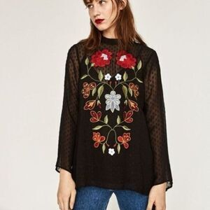 ZARA Sheer Plumetis Blouse with Embroidery – Black Top, Size S